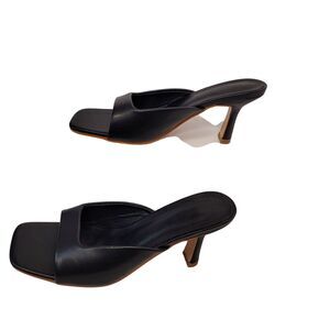Women's Black Square Toe Mules With Kitten Heels Chic Mid Heel Sandals Size 7